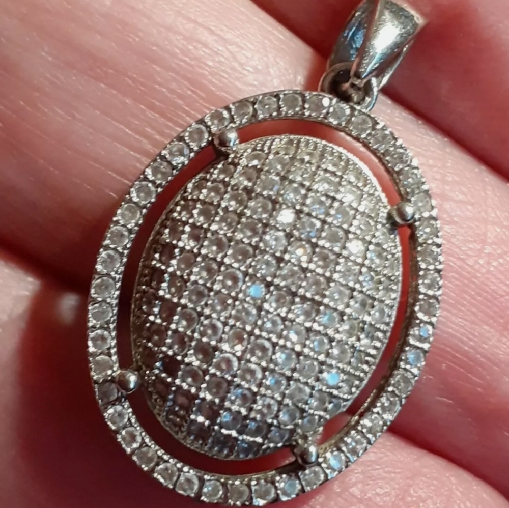 Sterling Silver 925 Round Diamond Pendant Necklace 16"